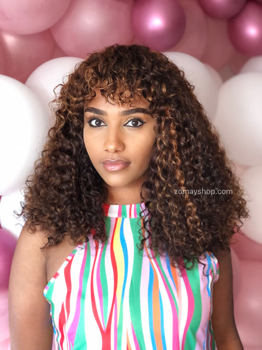 100% Human Hair - Curly Fringe Wig - Mix Colour